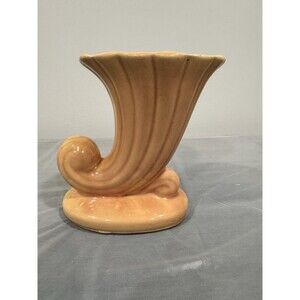 Antique Cornucopia Horn Vase – Peach Glaze – Mid-Century Ceramic USA Marked